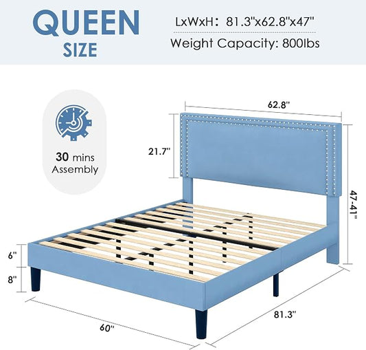 VECELO Queen Size Platform Bed Frame with Height Adjustable Upholstered Headboard, Modern Mattress Foundation,Strong Wood Slat Support, No Box Spring Needed, Easy Assembly,Light Blue