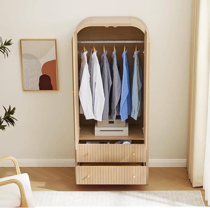 LEVNARY Arched Armoire Wardrobe Closet, Mid-Century Modern 2-Door Freestanding Wardrobe with Hanging Rod and 2 Drawers, Fluted Carved Clothing Storage Cabinet for Bedroom (Natural)