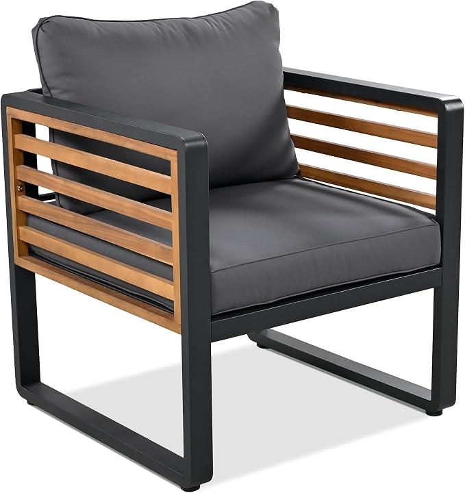 Chair with wooden slats, black frame, and gray cushions on a white background