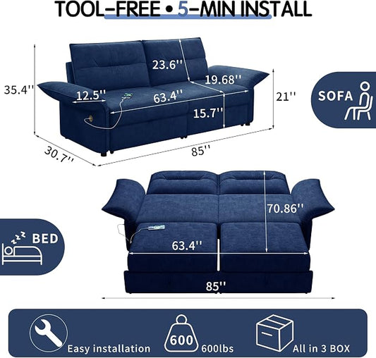 85" Pull Out Sofa Bed Full Size, Pre-Assembled Flannel Sleeper Sofa, Convertible Loveseat Futon Couch, Adjustable Armrest with USB, Pillows, for Apartment, Living Room, Small Spaces, Blue
