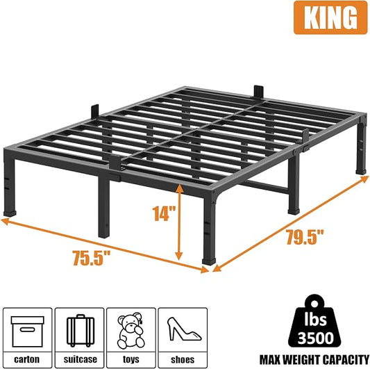 FUIOBYVV King Bed Frame,14 Inch Heavy Duty Metal Platform Bed Frame King Size Support Up to 3500 lbs,No Box Spring Needed,No Shaking,Steel Slat Support,Noise Free,Easy Assembly