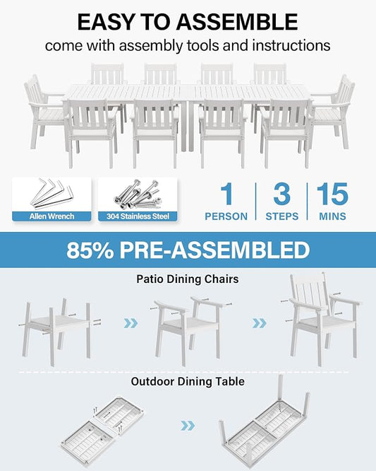 YEFU Outdoor Patio Dining Sets: All Weather 12 Piece Dining Table Set for 10 with Umbrella Hole & Aluminum Frame - Outdoor Furniture 2 Table and 10 Chairs for Outside Backyard/Porch/Deck White