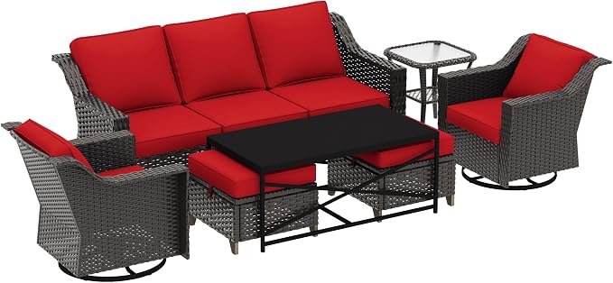 7 Pieces Outdoor Conversation Furniture Set - 77" Patio Sofa, 2 Swivel Rocker Chairs, 2 Ottomans, 1 Side Table, 1 Metal Table, Wicker Couch with Washable Cushions for Balcony (Red)