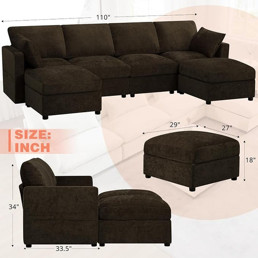 110” Chenille 4-Seats Sofa W/Two Movable Ottomans, Brown | Modern Fabric U-Shaped Couch w/Soft Backrests, Upholstered Sectional Sofa w/Arm Pillows for Living Room, Office