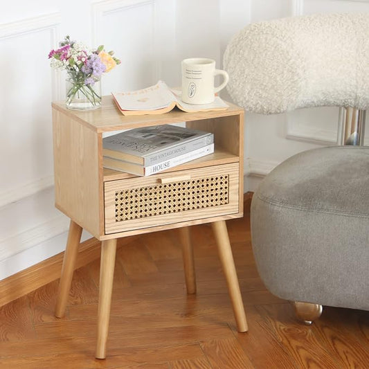 MaxSmeo Modern Nightstand Rattan Side End Table with Storage, for Living Room, Bedroom and Small Spaces, Accent Bedside Farmhouse Tables with Solid Wood Legs, Easy Assembly (Natural Walnut)