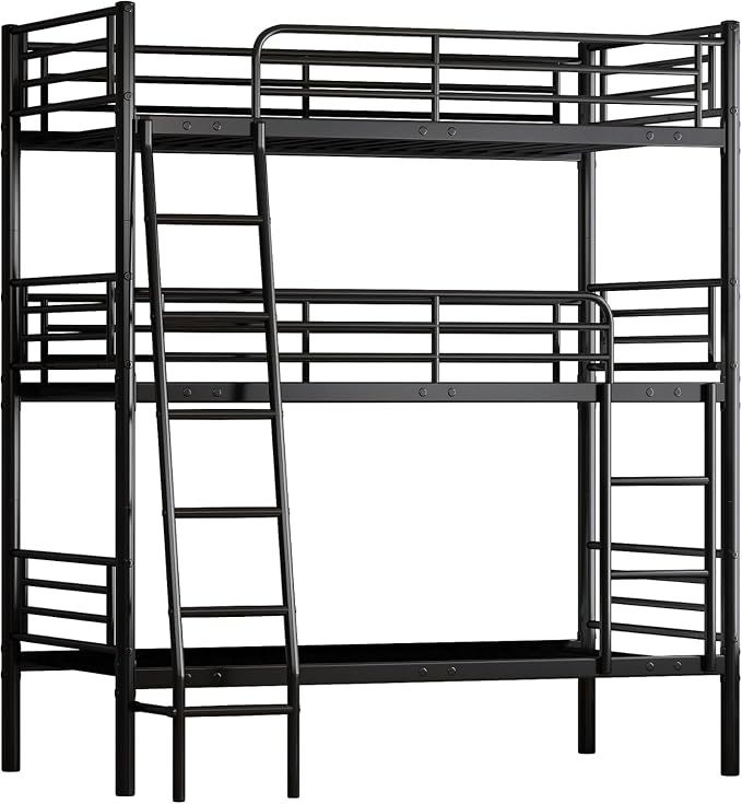 Metal Triple Bunk Bed,Twin Over Twin Bunk Bed for 3, Separates Into 3 Beds with Guardrail and Ladder, Heavy Duty Triple Bed Frame Suitable for Teenager/Adults, No Box Spring Needed(Black)