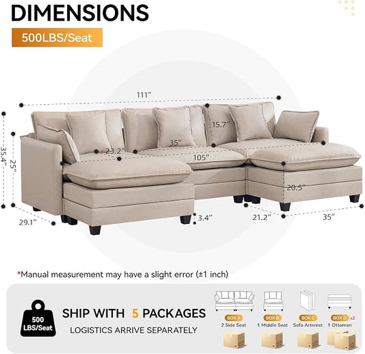 111'' Sectional Cloud Deep Seat Couch, Oversized Leather U Shaped Sectional Sofa for Living Room Set, Comfy Upholstered Modular 5-Seats Sectional Sofa Couch with 2 Movable Ottoman, Leather Beige