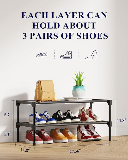 Kitsure Shoe Rack - Non-Woven Shoe Rack Shelf, Shoe Organizer for Closet, Entryway, Garage & Corridor, Stackable Shoe Shelves, 27.5" Wide - 2 Tier, Black