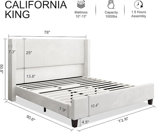 HOWE California King Size Bed Frame with Corduroy Wingback Headboard, White | Modern Upholstered Platform Bed, 50.8 Inch Tall Profile, Solid Wood Slats, No Box Spring Needed, Noise-Reducing Designrt