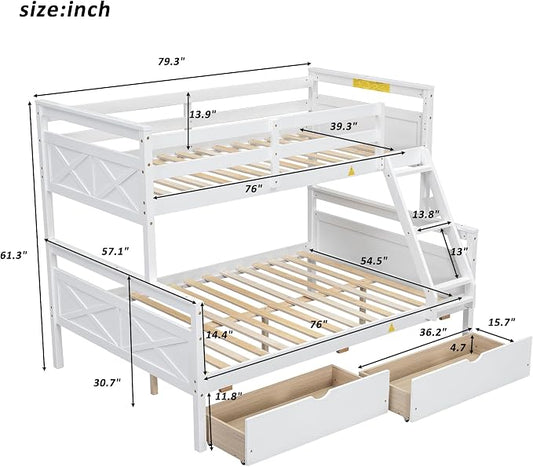 Merax Twin Over Full Bunk Bed with 2 Storage Drawers,Solid Wood Bunk Bed with Ladder and Safety Guardrail for Bedroom Kids Adults, Can be Separated into 2 Beds,White