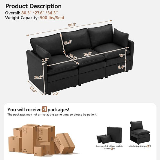 80" Black Faux Leather Storage 3 Seater Sofa, Modular Sectional Cloud Sofa | Modern Deep Seat Cloud Upholstered Sofa with Armrest, Convertible 3 Seater Comfy Sofa for Living Room, Bedroom, Small spaces