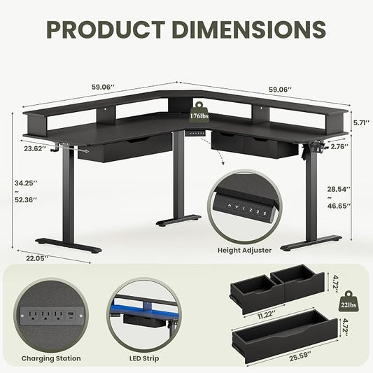 MALOL 59" L Shaped Electric Standing Desk with Drawers, Height Adjustable Desk with Power Outlets & LED Lights, Monitor Stand, Corner Computer Desk for Home Office, Black
