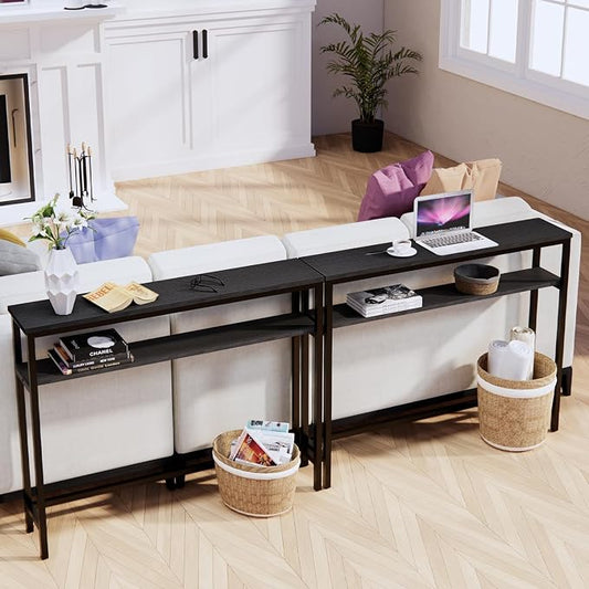 Timberer Narrow Console Table, 39.4” Sofa Table with Adjustable Shelf, 2-Tier Long Skinny Table for Hallway, Entryway, Living Room, Foyer, Black