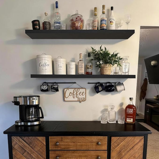 BAYKA Floating Shelves, 47.2 inches Long Heavy Duty Wall Mounted Rustic Wood Shelves for Bathroom, Bedroom, Living Room, Kitchen, Office, Hanging Shelf for Books/Storage/Decor(Black,Set of 2)