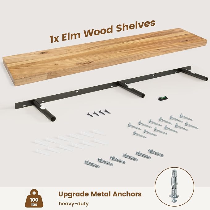 Venusmiles Floating Shelves for Wall Decor, 8" Deep Solid Elm Wood Floating Shelves Wall Mounted, Rustic Wall Shelves with Invisible Bracket for Living Room Bathroom Bedroom Kitchen, 48 Inch, Natural
