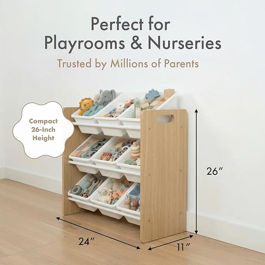 Humble Crew Toy Storage Organizer with 9 Removable Storage Bins for Kids Playroom, 3-Tier Toy Organization, Natural Wood/White