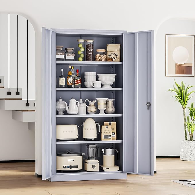 INTERGREAT Metal Lockable Storage Cabinet, 72” H Storage Cabinet with 2 Doors and 4 Adjustable Shelves for Office, Home, Garage, Pantry (Assembly Required, 18”D, Cement Gray)