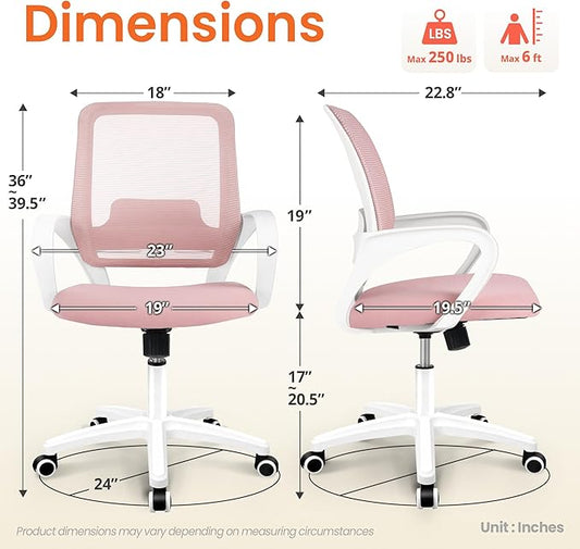 NEO CHAIR Office Desk Ergonomic Computer Mesh Chair with Lumbar Mid Back Support Adjustable Height Swivel Rolling Wheels Comfy Task Vanity Chair for Home Bedroom Study (Pastel Pink)