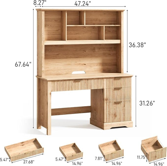 Vabches Fluted Executive Desk with Drawers, Wood Computer Desk with Ample File Drawer, Home Office Desk with Hutch for Study, Bedroom, Living Room, Oak