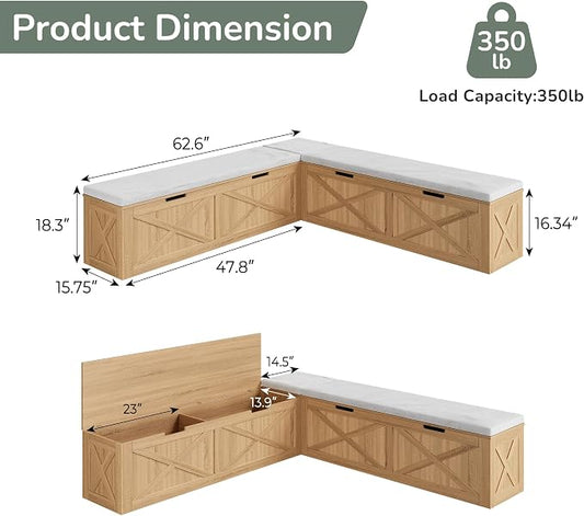 Bobve L-Shape Storage Bench with Cushion, Backless Corner Dining Bench, Kitchen Dining Nook Bench with Hidden Storage for Dining Room, Kitchen, Entryway (Wood+White)