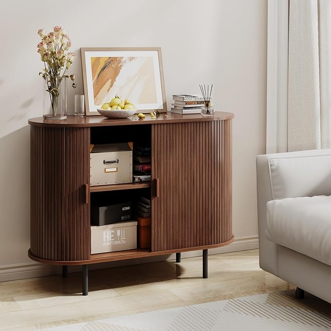 Buffet Sideboard Cabinet with Storage, 40" Fluted Cabinet with Sliding Door & Adjustable Shelf, Modern Accent Coffee Bar Console Table for Kitchen, Entryway, Walnut