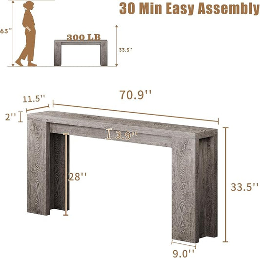 70.9 Inch Extra Long Console Table, Farmhouse Entryway Table with Thickened Base, Wood Sofa Table Behind Couch Table, Narrow Entry way Accent Table for Living Room, Hallway, Entrance, Foyer, Grey