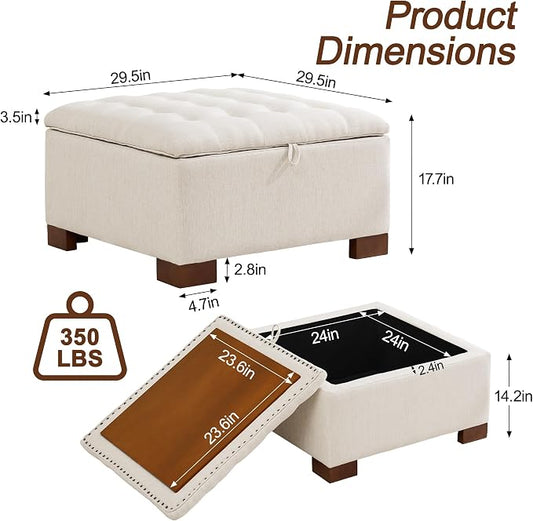 WUTUTUEE 30" Fabric Square Storage Ottoman with Wooden Tray, Modern Tufted Button Footstool Coffee Table, Upholstered Large Ottoman for Living Room, Bedroom, Beige