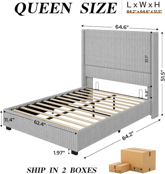UNIQUITE Queen Size Lift Up Storage Bed Frame with 51 Inch Tall Wingback Headboard, Corduroy Upholstered Platform Bed with Hydraulic Storage, 2 USB Ports, No Box Spring Needed, Noise-Free, Light Grey