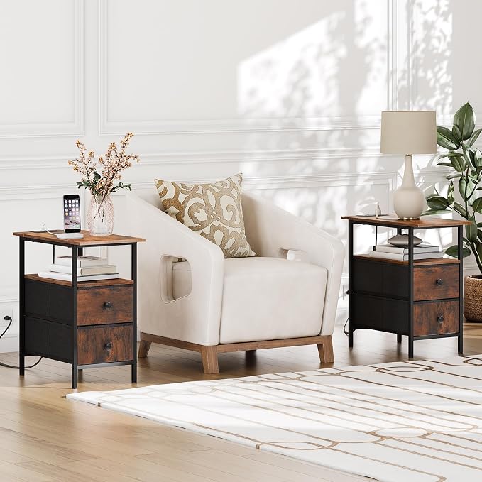 HOOBRO End Table with Charging Station, Set of 2 Narrow Side Tables, Nightstand with 2 Non-Woven Drawers, Slim Sofa Table, for Small Spaces, Living Room, Bedroom, Rustic Brown and Black BF486UBZP201