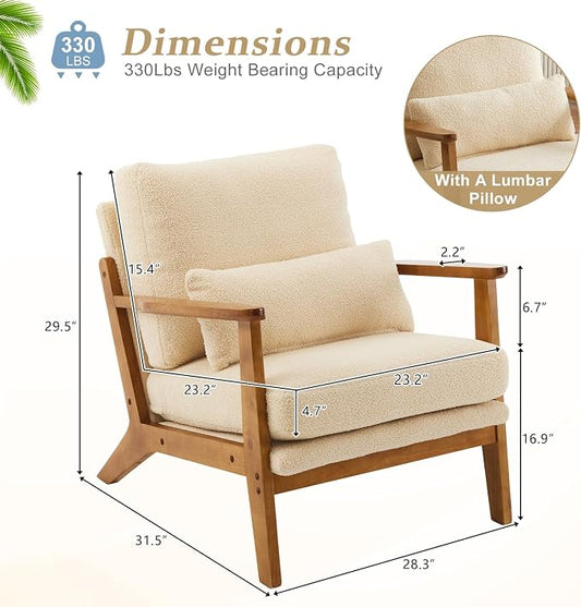 VINGLI Solid Wood Wide Armrests Accent Chair Set of 2,Upholstered Mid Century Modern Chair with Pillow,Farmhouse Arm Chair Comfy Reading Chair,Chairs Living Room,Bedroom,Guest Room,Teddy Fleece,Khaki