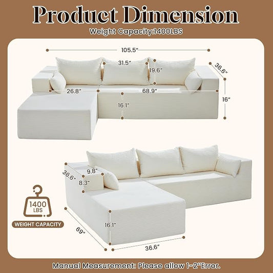 106" Cloud Sectional Boneless Couches for Living Room, Modular L Shaped Couch with Deep Seat Oversized Left Facing Chaise, Memory Foam Compressed Spineless 3 Seater Sofa for Bedroom Apartment, Beige
