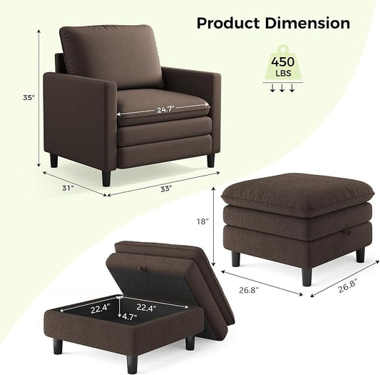 Welzona 3-Layers Cloud Accent Chair with Ottoman, 33" Comfy Reading Chair for Bedroom, Living Room, Tool-Free Assembly with Teddy Fabric Arm Chairs and Ottoman Set, Brown, Removable Washable Cover