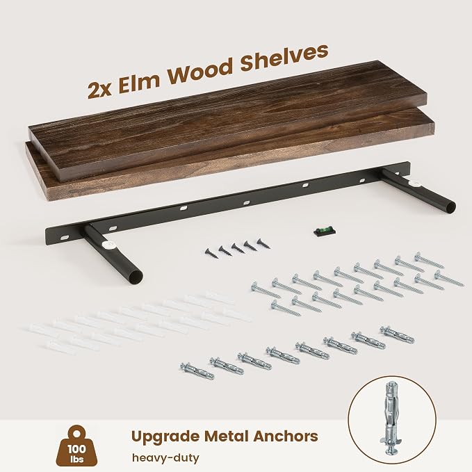 Floating Shelves for Wall Decor, 8" Deep Solid Elm Wood Floating Shelves Wall Mounted, Rustic Wall Shelves with Invisible Bracket for Living Room Bathroom Bedroom Kitchen, 36 Inch Set of 2, Walnut