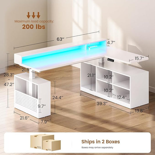 SEDETA L Shaped Electric Standing Desk, 63 inch Height Adjustable Corner Computer Desk with Storage Shelves and LED Lights, Corner Gaming Desk with Power Outlet and Pegboard for Home Office, White