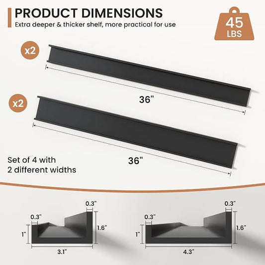 Fun Memories Picture Ledge Shelves Set of 4, 36 Inch Rustic Wall Mounted Floating Shelves with Lip for Home Storage and Décor in Bathroom, Kitchen, Nursery, Bedroom, Living Room, Black