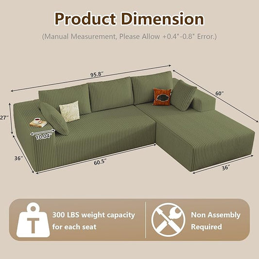 96" Modular Sectional Couch, Boneless L Shaped Cloud Sofa with Chaise Lounge, Corduroy Upholstered Couches Memory Foam Deep Seat, No Assembly Required, Ideal for Living Room(Green, Right Facing)