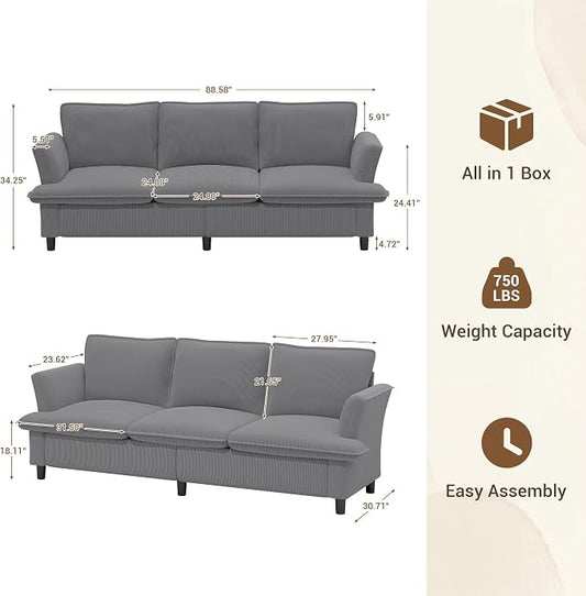 GRUSIGN 3 Seater Corduroy Couch, 89" Comfy Couch with Deep Seat, Modern Sofa Couch for Living Room, Office, Bedroom, Apartment (Pillows not Included)