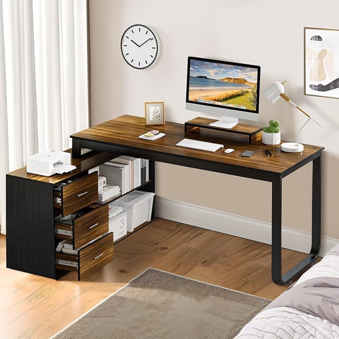 MaverickFurni 55" L Shaped Desk with Drawers and Shelves, Home Office Desk with Monitor Stand for Work Writing Study, Reversible Corner Desk with Storage, Black