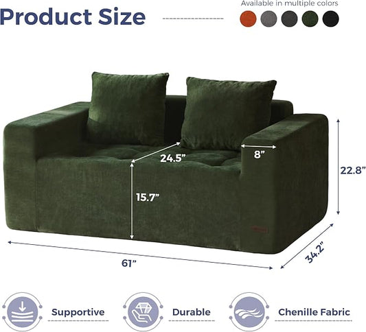 MAXYOYO Modular Sofa Couch, 61" Loveseat Boneless Cloud Couch with Deep Seat, Chenille Upholstered Living Room Comfy Sofa Chair for Living Room, No Assembly Required, Dark Green