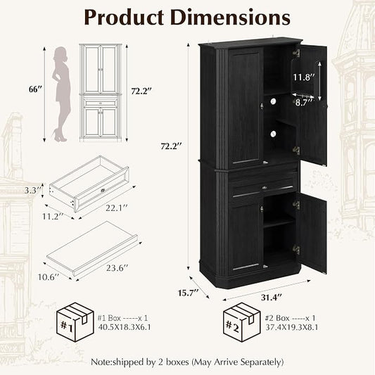 72.2" Tall Kitchen Pantry Cabinet with Doors, Farmhouse Storage Cabinet with Charging Station & LED Light, Drawer, Adjustable Shelves and Pull-Out Shelves, Black Wood Pantry Cupboard for Dining Room
