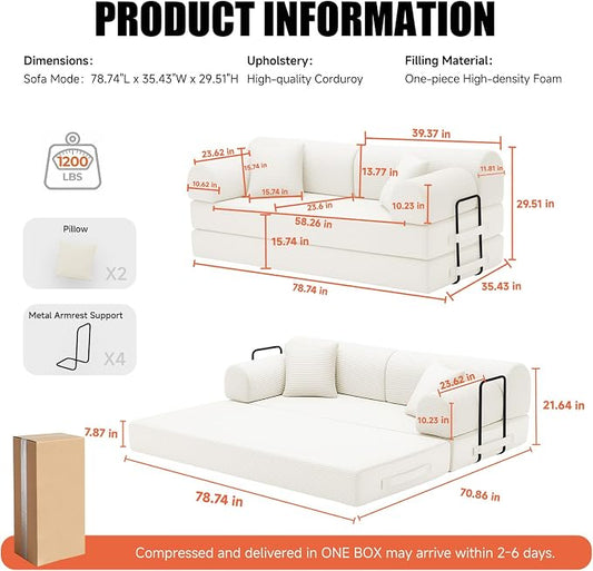 78.8" Boneless Memory Foam Couch, Corduroy Convertible Floor Sofa Bed, Fold-Out Sleeper Futon Loveseat, Wide Armrests & Supportive Back, 1200 lb, Couch in a Box, 2 Pillows,White