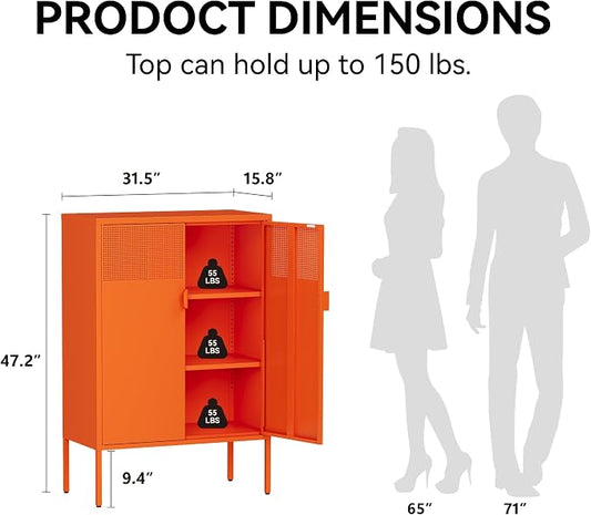 COFaR Orange Metal Storage Cabinet, 47”H Vibrant Coffee Bar & Buffet Sideboard with Adjustable Shelves, Fun Kitchen Organizer, Ventilated Steel Cabinet with Magnetic Doors for Dining Room, Office