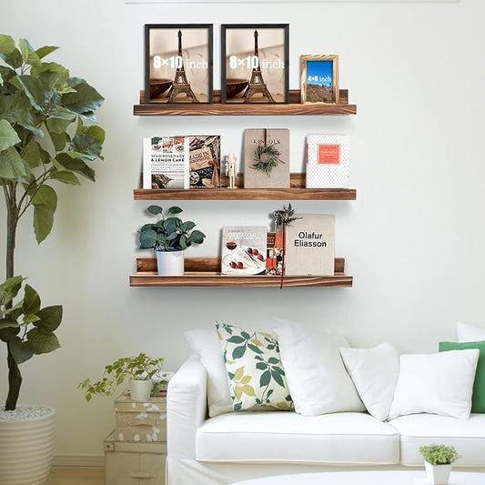 MBYD 24 Inch Picture Ledge Shelf Set of 3, Rustic Torched Wood Floating Shelves for Bedroom Living Room Kitchen Wall Decor, Carbonized Finish Display Nursery Bookshelf for Photos, Books, and Art