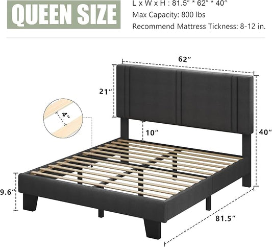 Feonase Queen Platform Bed Frame, Fabric Upholstered Queen Bed Frame, Solid Wood Slats & Heavy Duty Feet Support, No Box Spring Needed, Noise-Free, Easy Assembly, Dark Grey