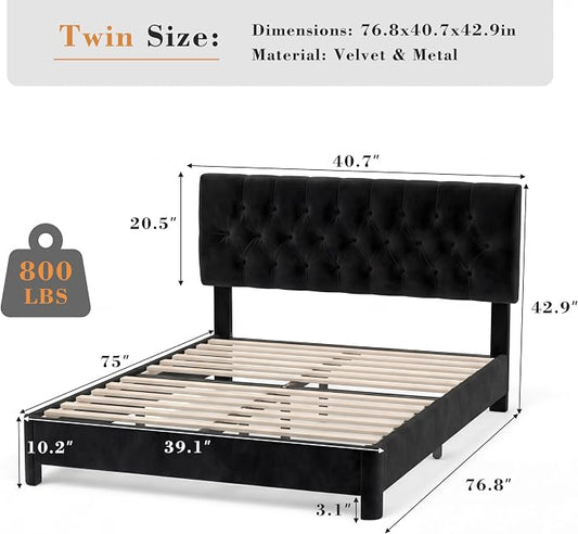 Twin Size Bed Frame with Headboard, Luxury Velvet Fabric Upholstered Bed frame with Button Tufted Design, Strong Wooden Slats Support - Low & Sturdy, Noise-Free, No Box Spring, Easy Assembly, Black | Plush velvet