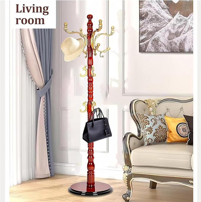 Wooden Coat Rack Freestanding, Hall Tree Hanger With Resin Hooks, Adjustable Heavy Duty Coat Rack for Hanging Clothes Bags Hats in Living Room Bedroom (coat rack, Round Base-Begonia Color)