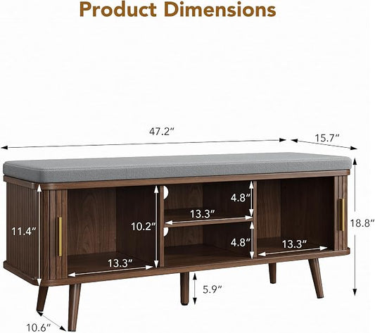 Decofy Shoe Storage Bench with Cushion and Sliding Doors, 47.2 Inch Shoe Bench with Storage, Freestanding Entryway Bench with Shoe Storage, with Solid Wood Legs, for Hallway & Entrance Hall, Walnut
