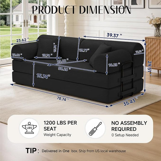 79'' Convertible Sofa Bed, 6 in 1 Folding Floor Futon Couch Sleeper with Fixed Frame, Corduroy Modular Sofa Bed with Removable Armrests & Pillows, No Assembly for Living Room Bedroom (Black)