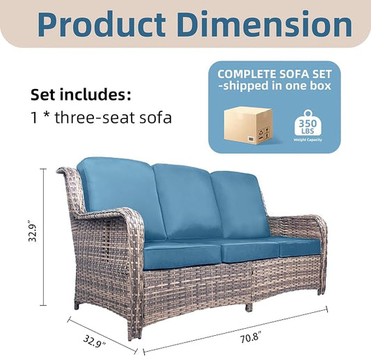 Outdoor Patio Sofa, Outdoor Wicker 3 Seater Sofa with High Back, Deep Seating, Wide Armrest, Thickened Cushions for Deck, Porch Use, Peacock Blue