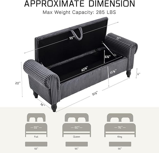 55" Bench for End of Bed Storage Benches, Queen End of Bed Bench Corduroy Upholstered Storage Ottoman Window Bench with Storage, for Bedroom, Entryway, Closet, Dark Grey